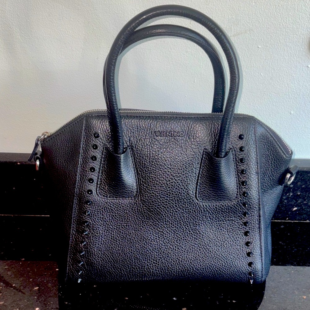 Valentino By Mario Valentino Black Textured Satchel with studs. - Picture 1 of 12